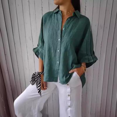 Camisas Elegantes de Algodão Linho Femininas com Laço nas Costas e Cordões Sólidas Casuais Primavera Verão Lapela Manga Média Blusas Soltas
