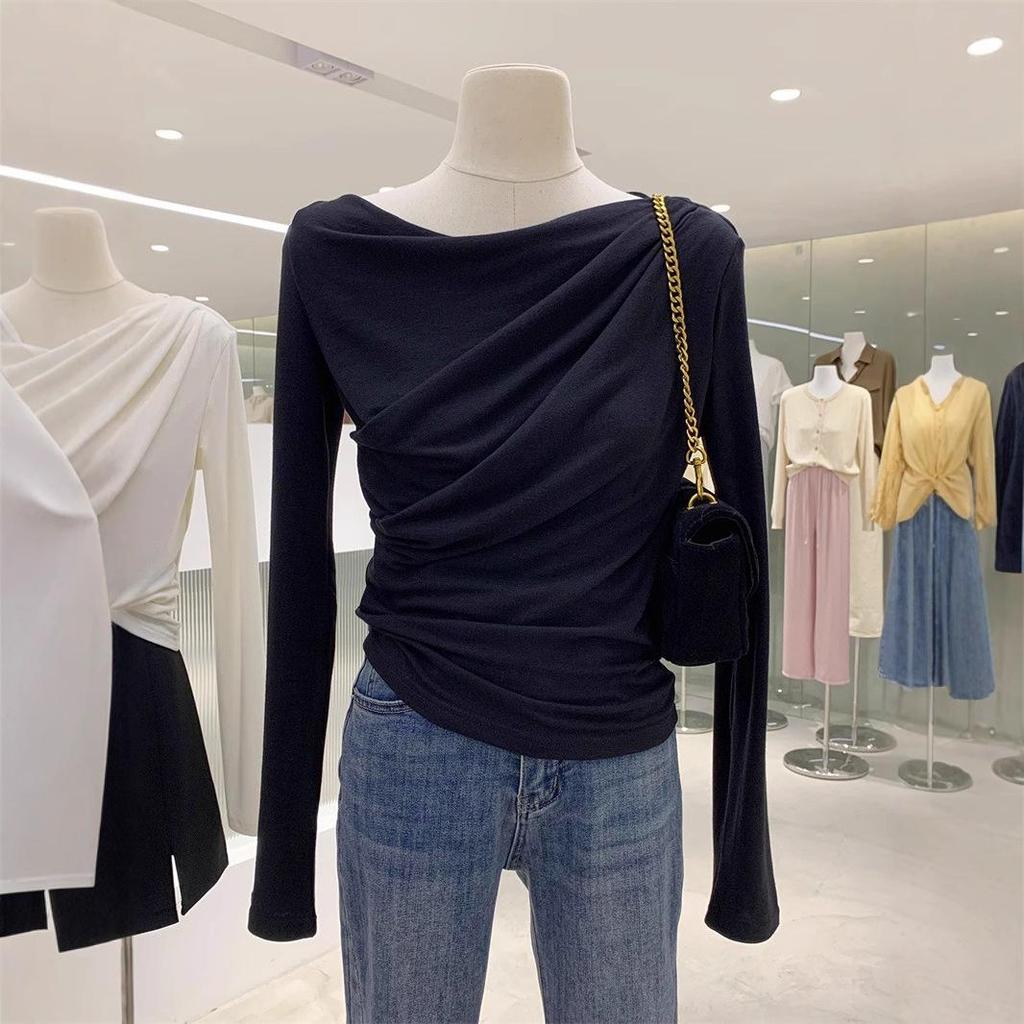 New 2024 Off-Shoulder Ruched Long-Sleeve T-Shirt, Rayon 1x1, 260g, High-End.