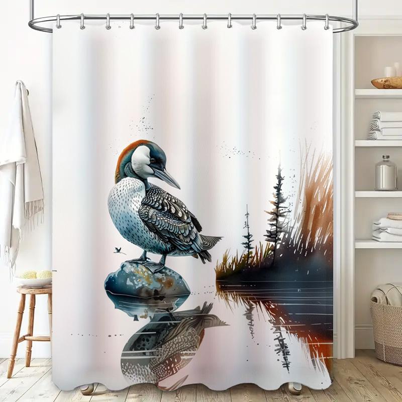 Modern Peacock-themed Shower Curtain Waterproof Bathroom Decor with Natural Lake Scene Printing for Home Decoration Available in