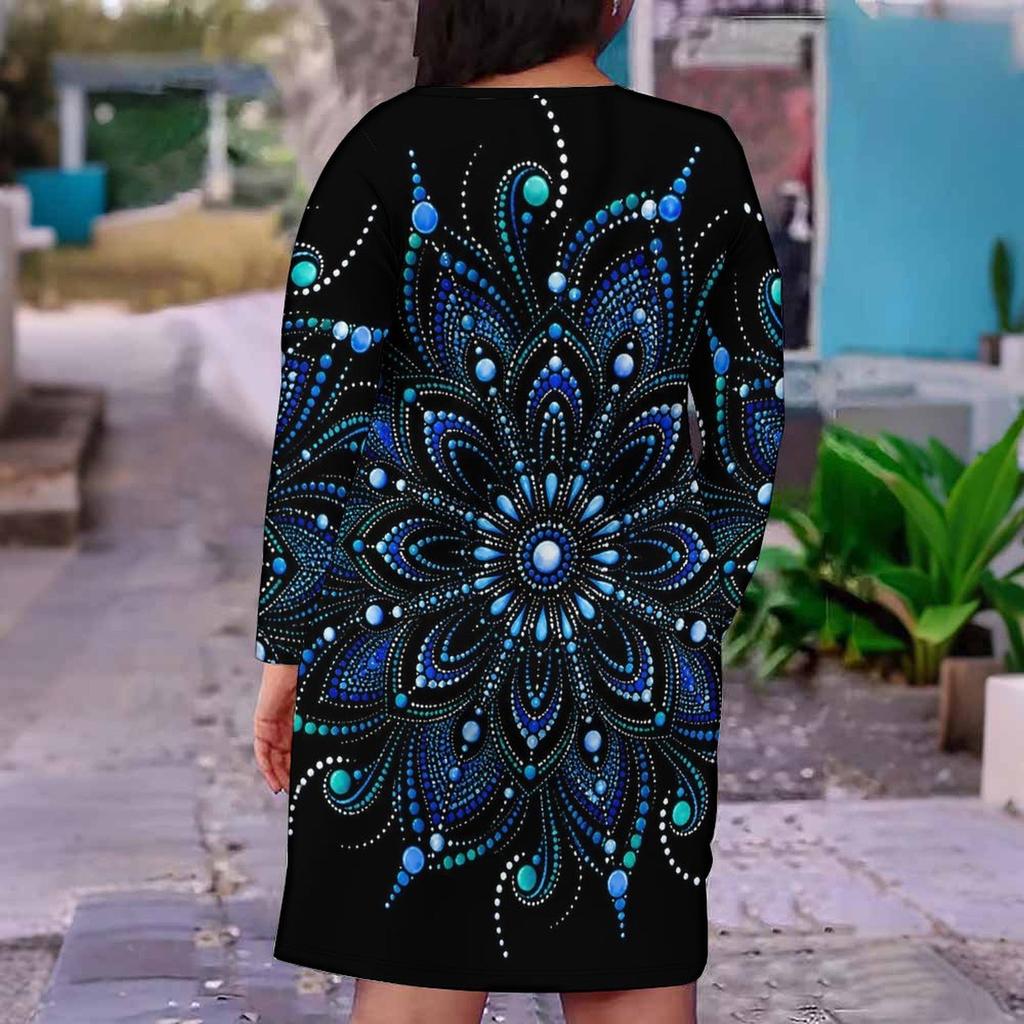 Damen Übergröße V-Ausschnitt Langarm Schwarz Blau Bedrucktes Figurbetontes Kleid