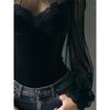 Damen Mesh Spitze Lang Fließend Ärmel Bluse Elegant Hoher Hals Schlank Passend Durchsichtig Gespleißt Korsett Stil Oberteil Party Lässiges Hemd