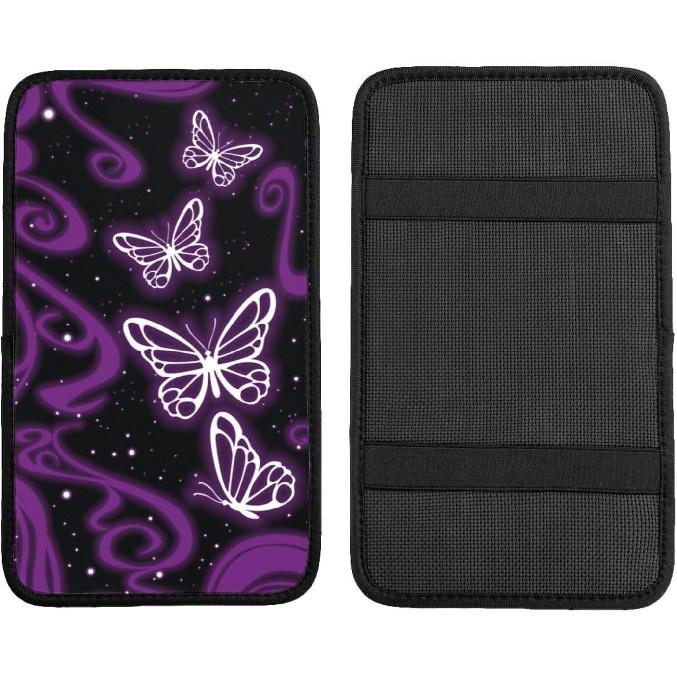 Universal Car Center Console Cushion Pad, Purple Butterfly Soft Waterproof Car Center Console Cover Auto Armrest Seat Box Cover Protector for Most
