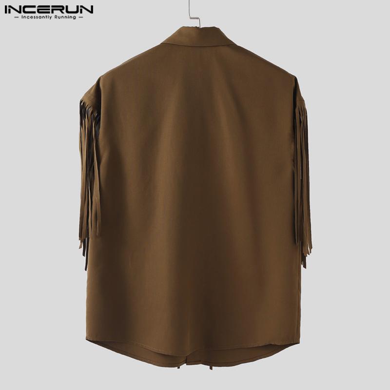 INCERUN Men Short Sleeve Glitter Tassel Patchwork Buttons Casual Tops T-shirts