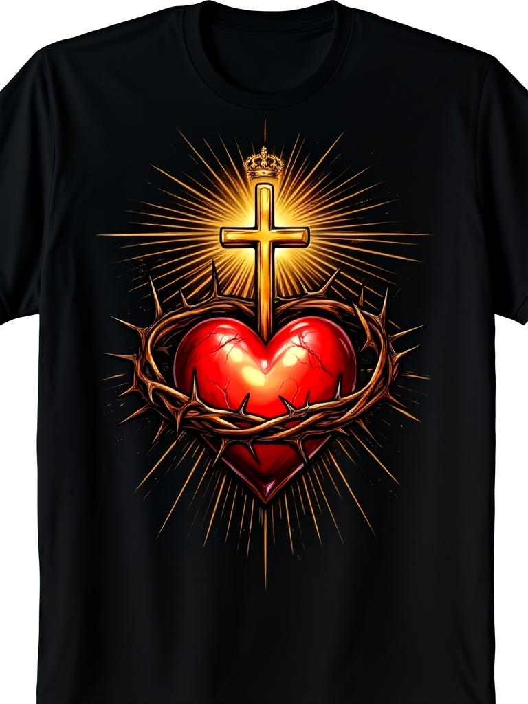 T-shirt Oversize Cuore Sacro di Gesù Fede Cattolica Nera Morbida Girocollo Manica Corta con Design Cuore Rosso Radioso Corona Croce Abbigliamento Religioso