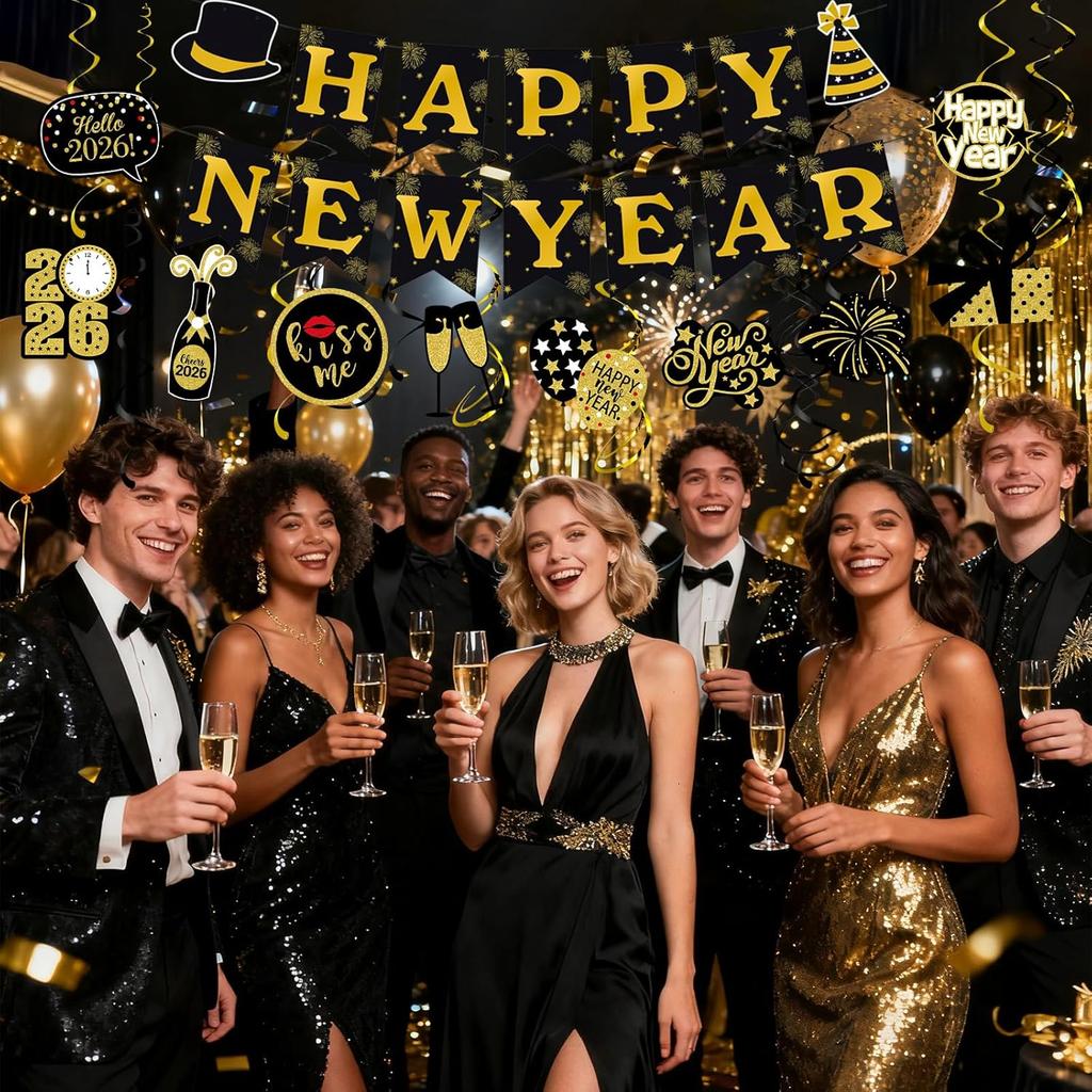 JOJO FLY New Years Eve Party Decorations Kit, Happy New Year Banner, Black and Gold Hanging Swirls for Happy New Year Decorations 2026, NYE