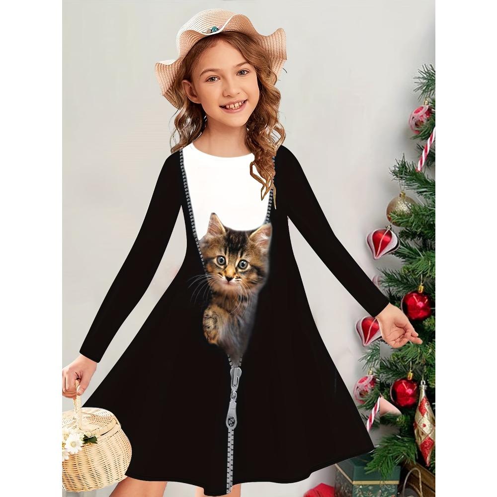 Girls' 3D Cute Cat Dress Long Sleeve Summer Spring Vacation Daily Holiday Princess Beautiful Sweet Kids 4-12 Years Casual Dress A Line Dress