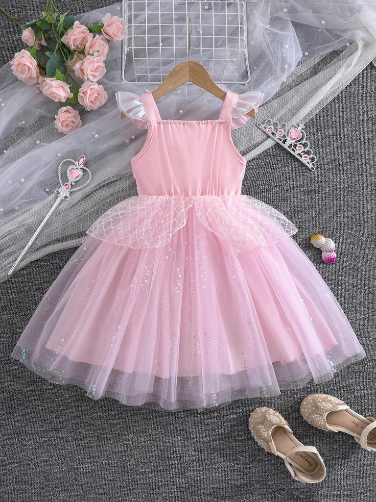 Girls' Pink Sequin Flutter Sleeve Mermaid Dress - Summer Party Princess Gown