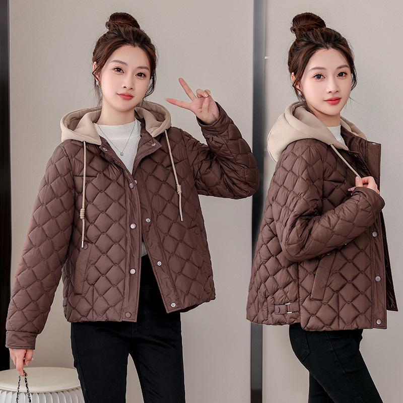Diamond lattice down cotton jacket women's short autumn and winter new light and light padded cotton jacket hooded padded jacket