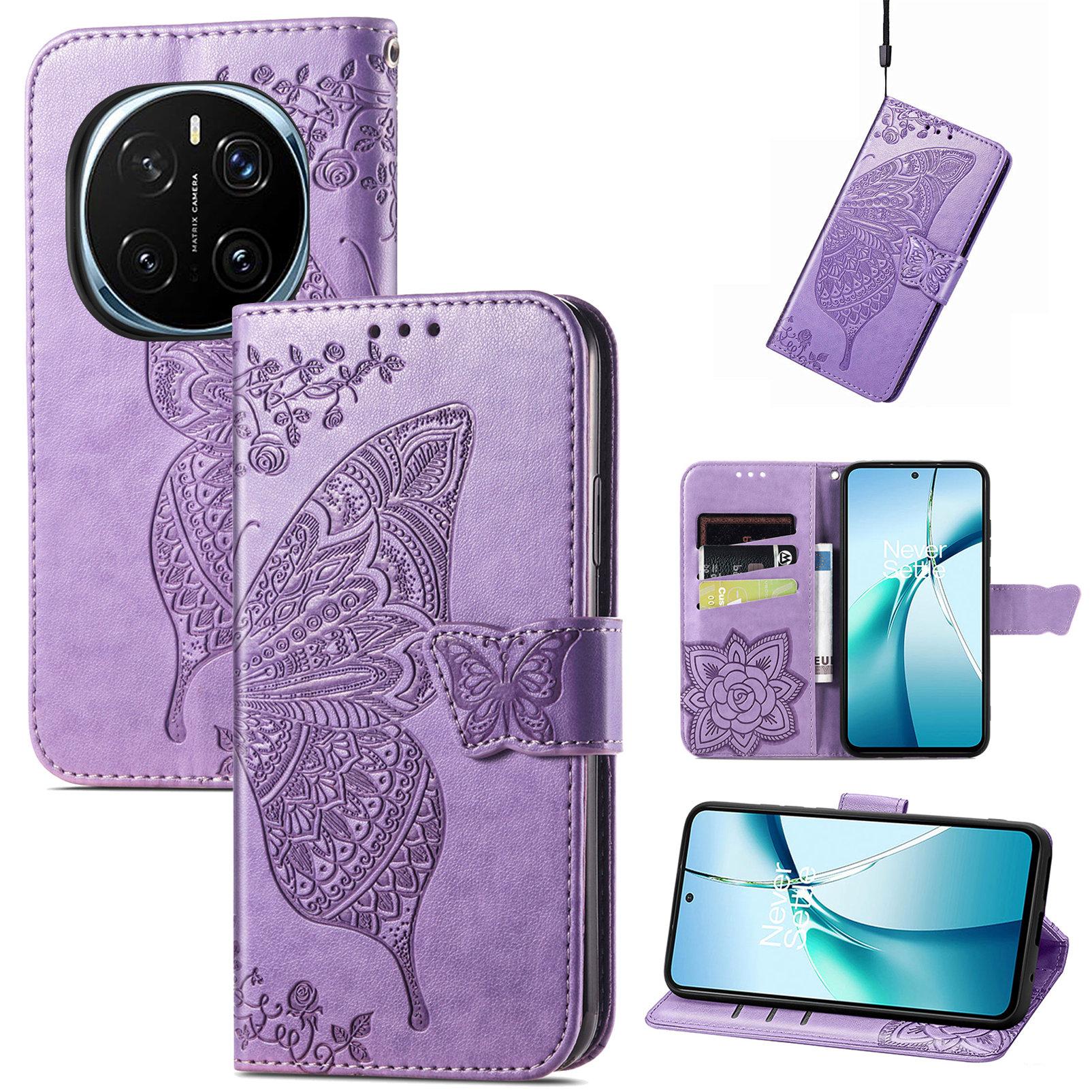 

For Honor Magic7 5G Case with Strap Butterfly Pattern PU Leather Wallet Phone Cover Light Purple