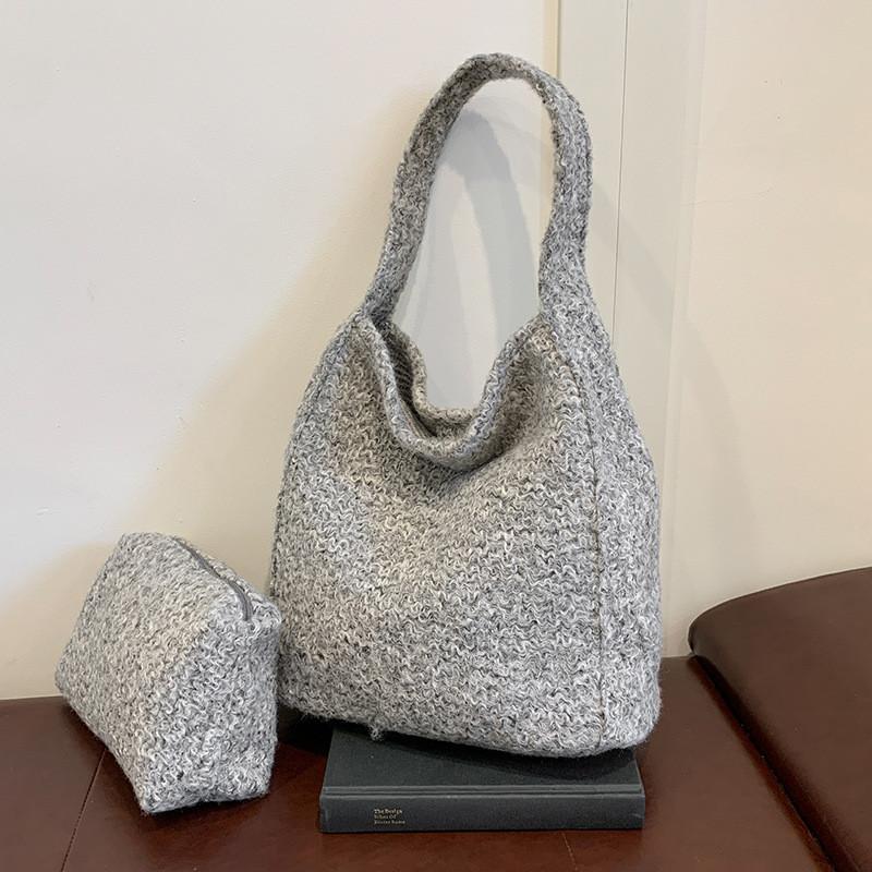 Ielgy Large-Capacity Bag Autumn Winter Texture Casual Shoulder Tote Bag Work Commuter Wool Knit Bag
