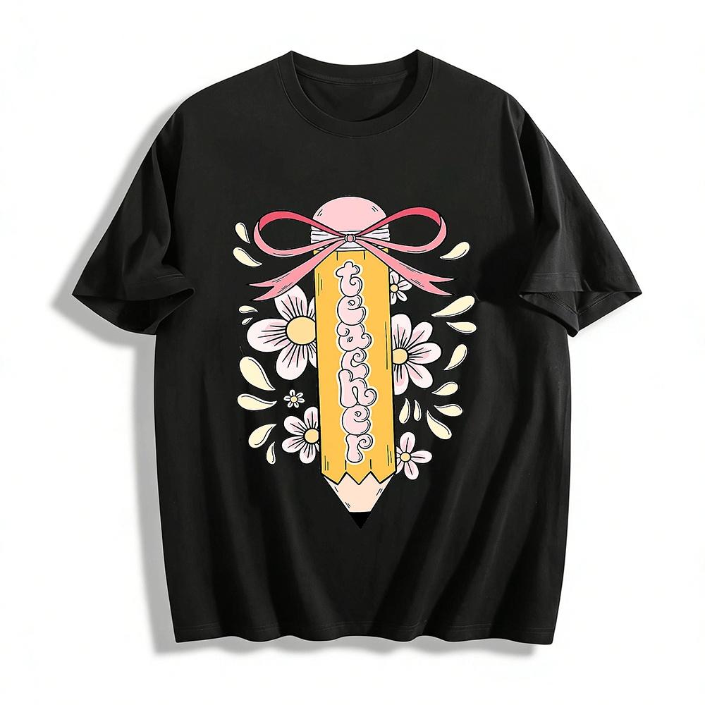 Teacher Appreciation Pencil Floral Print Casual Top Pure cotton T-shirt XXS