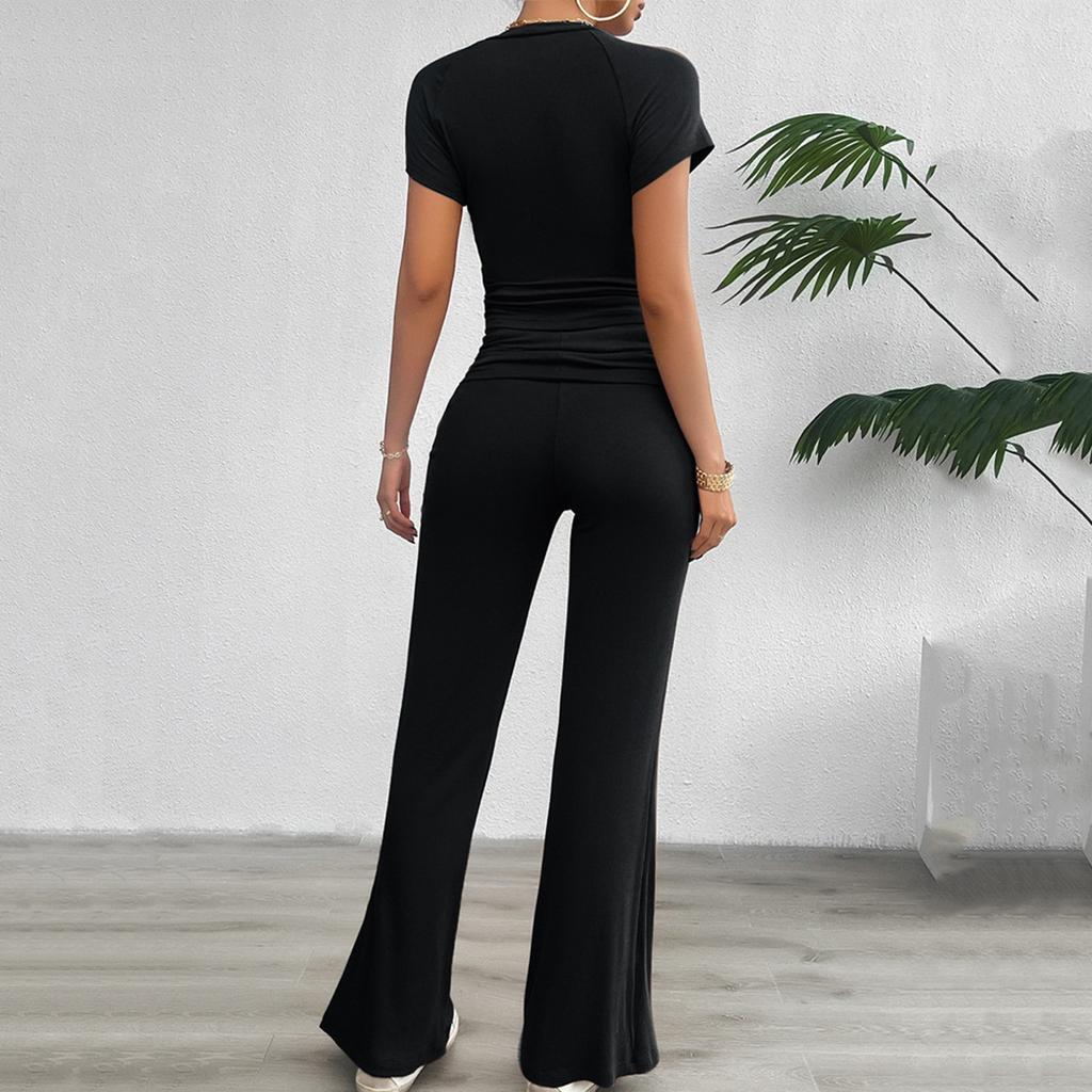 Summer Round Neck Casual Solid Color Slim Short-sleeved Trousers Suit