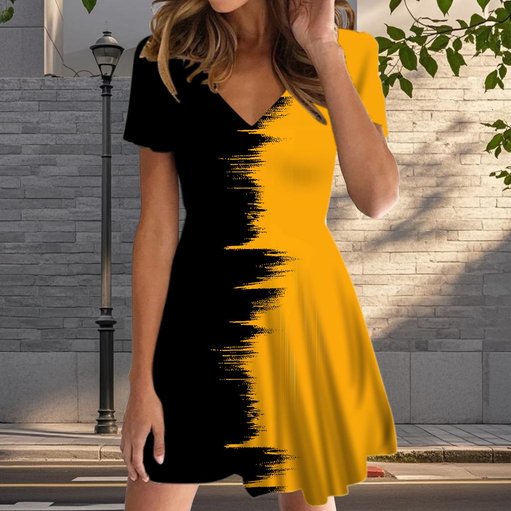 Summer Fashion Women's V Neck Short Sleeve Simple Pattern Pattern Printed  Dress Sex Short Skirt Dresses