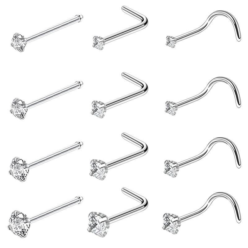 4/12PCS Stainless Steel Zircon Nose Piercing Stud Set L Shape Nose Ring Lot Twist Nose Ring Stud Bulk Body Piercing Nariz Pack