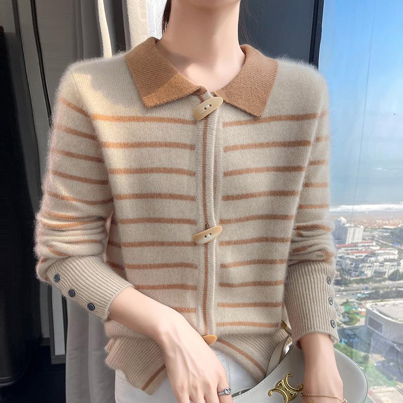Women's Striped Cashmere Knit Cardigan with Polo Collar - Long Sleeve, Loose Fit, Warm Sweater Coat