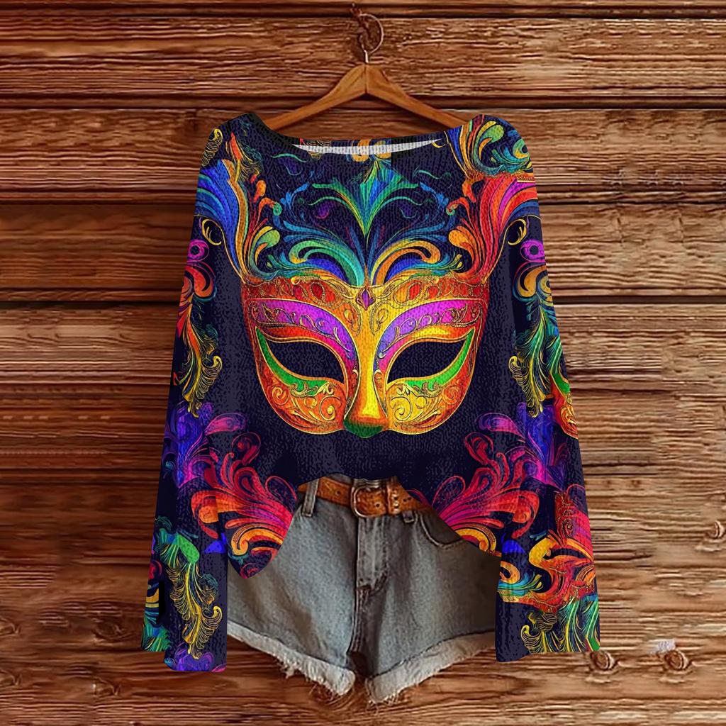 Damen Casual Mode Rundhals Oberteil Karneval Print Langarm Strickpullover