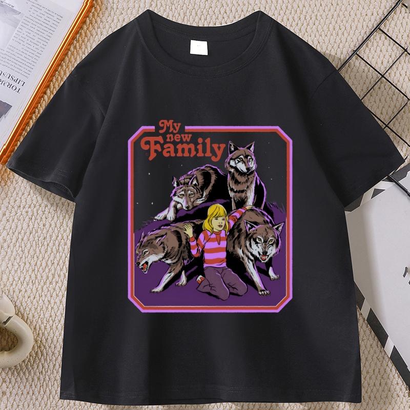 My New Family Wolf Tshirt Unisex WOMEN Vintage Cotton Short Sleeve T Shirt Funny T Shirts Comfortable Round Neck Graphic Tees Tops