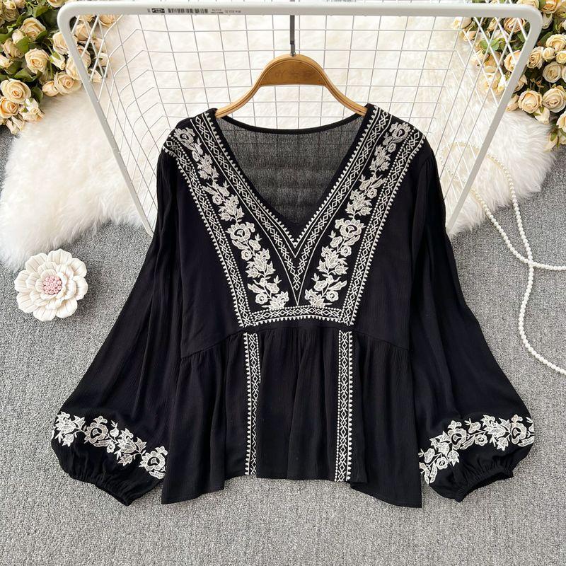 

Retro V-Collar Contrast Color Lotus Leaf Swing Cotton Linen Tops Embroidered Black One size