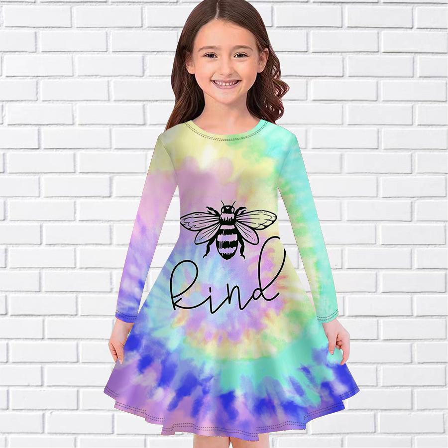 Girl Casual Little Bee Print Round Neck Long Sleeve Dress Kid Princess Dress