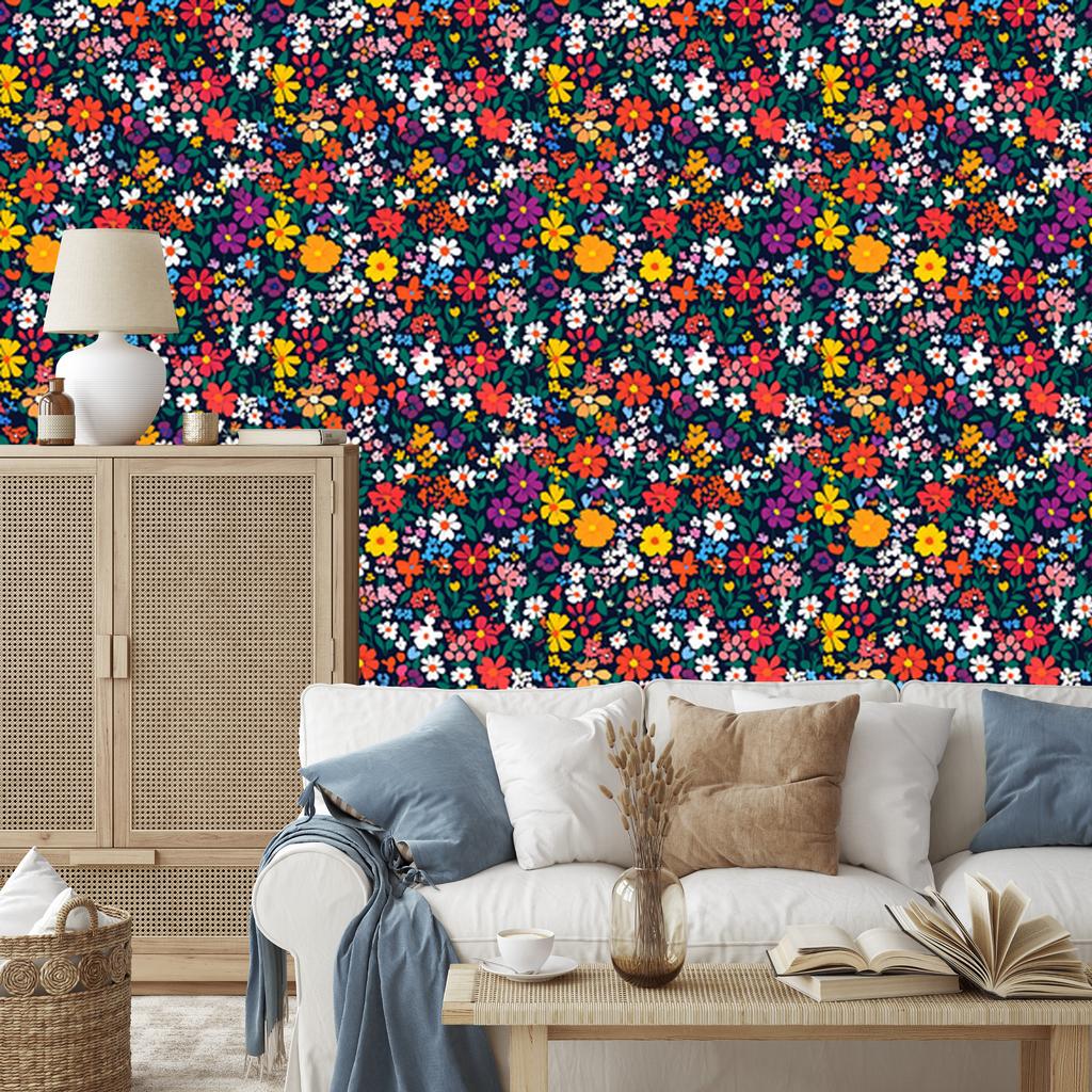 Wallpaper Small Flowers Turquoise and Navy Blue for Living Room and Bedroom 50x1000