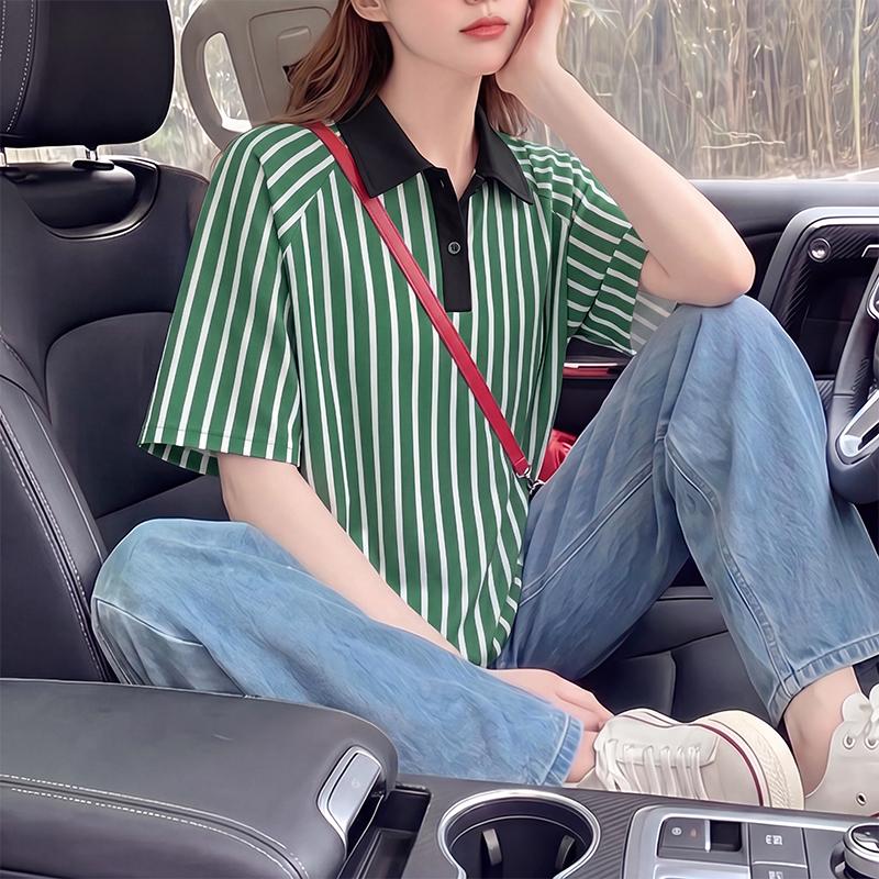 ZANZEA Women Splice Turn Down Collar Loose Short Sleeve Stripe Blouse M