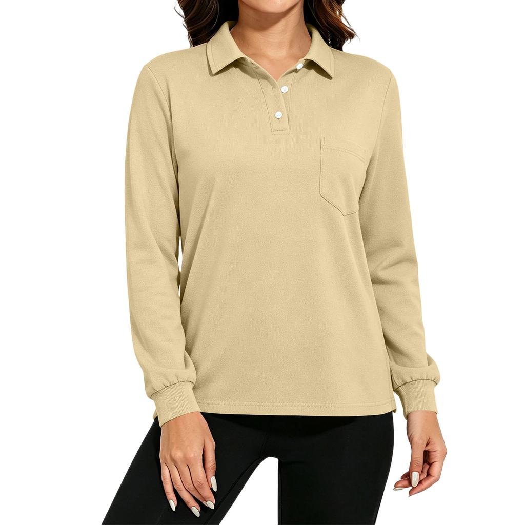 Women's Long Sleeve Button Down Color Blouse with Pockets and Side Slits Casual Collared Top