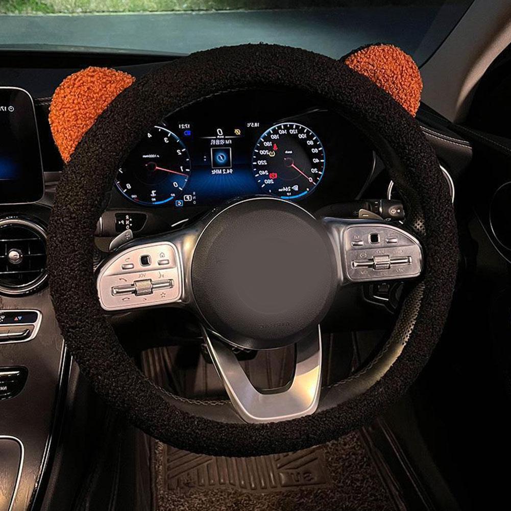 Winter Warm Weich Plüsch Cartoon Bärenohren Auto Innenraumabdeckung Lenkradabdeckung Handgriff Lenkrad Auto 2024 38cm Zubehör B3B8