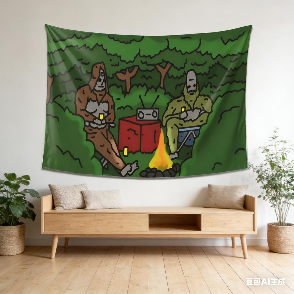 Funny Bigfoot Camping Tapestry, Meme Style Cartoon Print, Green Forest Wall Hanging For Bedroom & Dorm Room