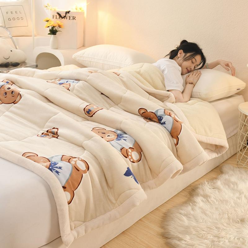 Thick Warm Milk Velvet Winter Blanket for Bed Large Faux Lambswool Weighted Blanket Cartoon Double Sided Plush Quilted Comforter