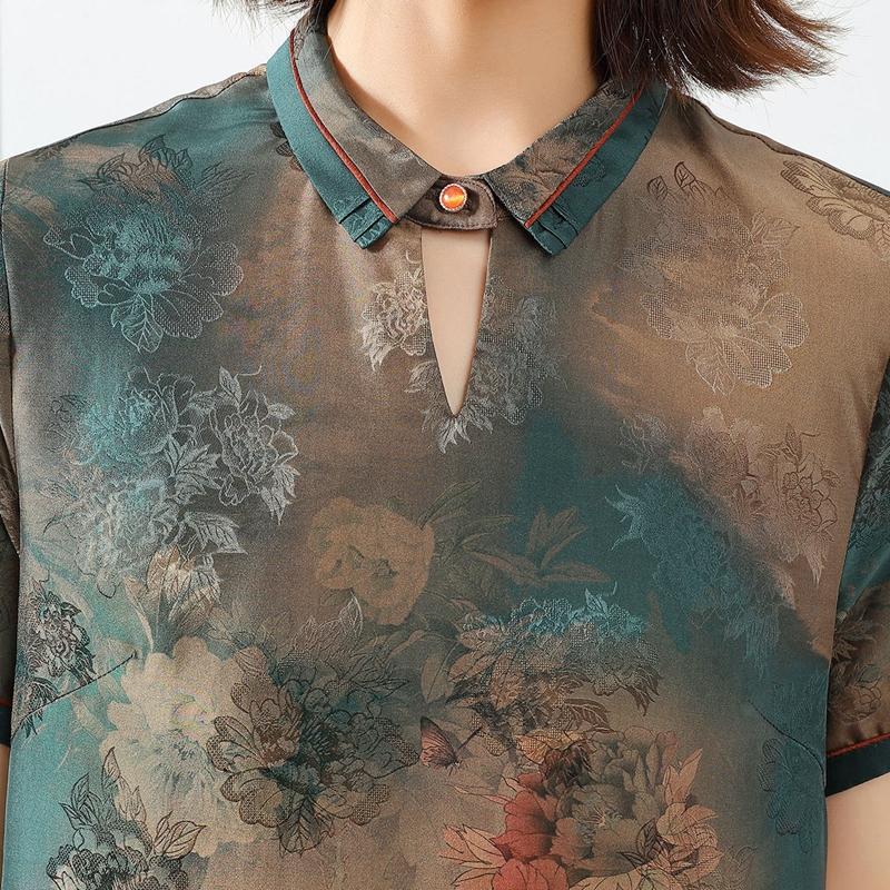 Mulberry Silk and Genuine Silk 100% Non Incense Cloud Yarn Shirt Collar Short Sleeve Peony Flower Retro Women's Dress