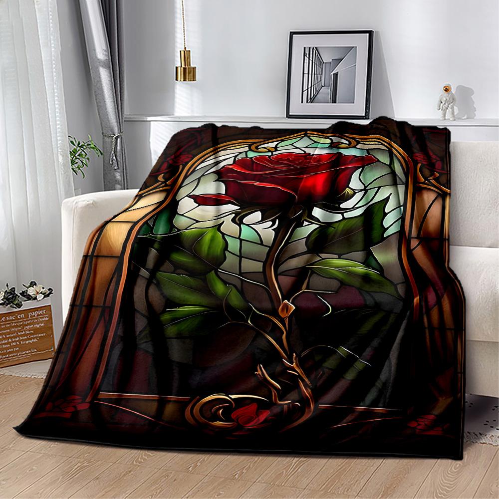 Stained Glass Rose Flannel Blanket,Lightweight,Office Blanket,Sofa Blanket,Comfortable Blanket