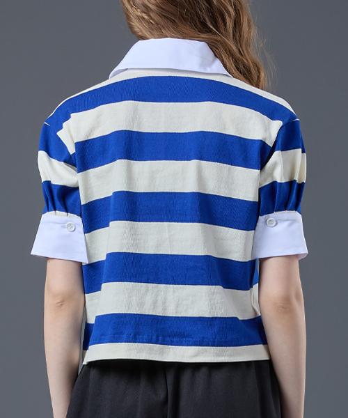 Sitipabjeu [Cp] Crop Puff Stripe Pique Collar Short Sleeve Tee [Blue]