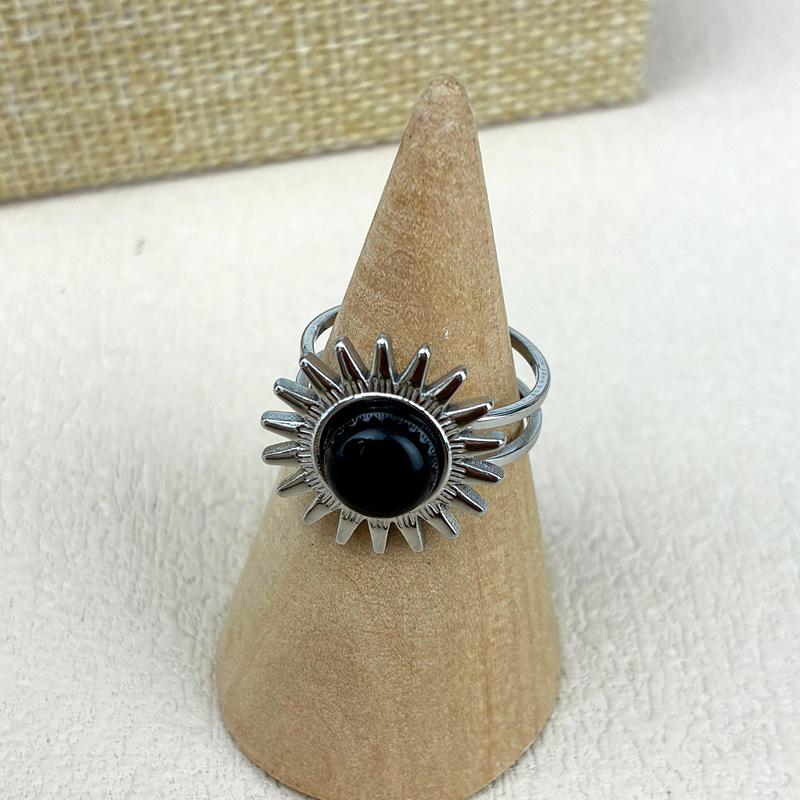 Rose Quartz & Moonstone Adjustable Stainless Steel Ring - Vintage Sunflower Design Size not provided