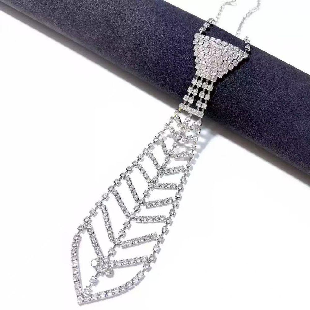 Silver Crystal Necktie Adjustable Length Knot Free Necktie Costume Neckwear Club Party Necklace