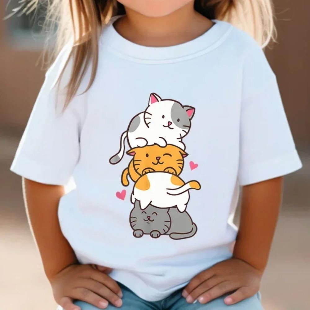 Top Cute Cat Graphic 3-12 Year Kids Tshirts Summer Short Sleeve Tees Cartoon Animal Boys Girls Clothes  Y2K  T-shirt