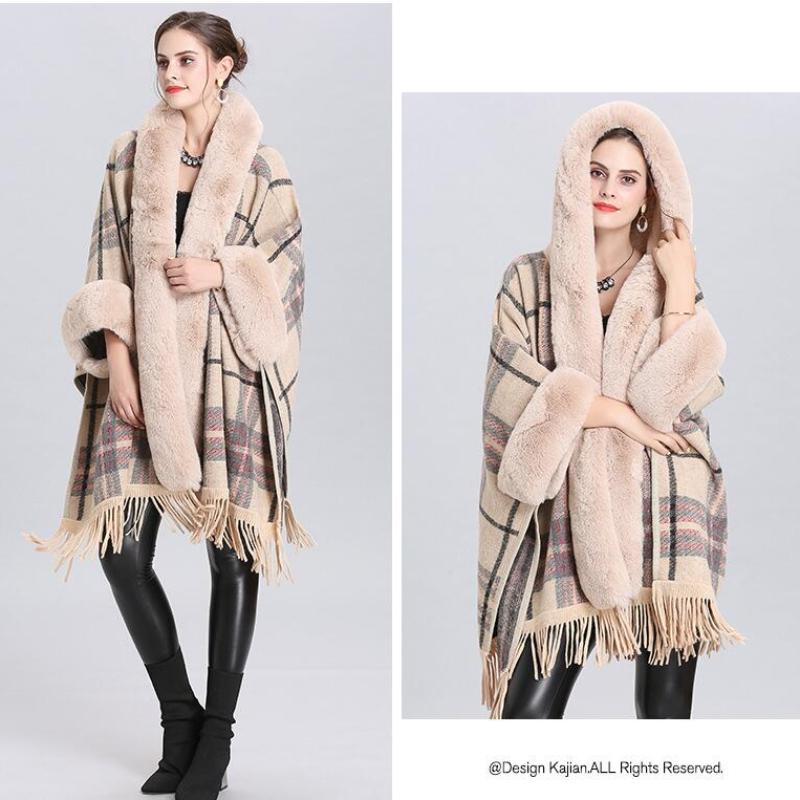 6 Farben Damen Streetwear Großer Kunstfellkragen Langer Cardigan Umhang Winter Warm Dick Fledermausärmel Gestreift Locker Mantel mit Kapuze