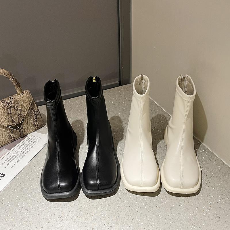 Fashion Women White Mid Calf  Boots Low Heel Elasticity Ankle Boots Woman Winter Fashion Autumn 2024 Chelsea Booties Ladies Shoes