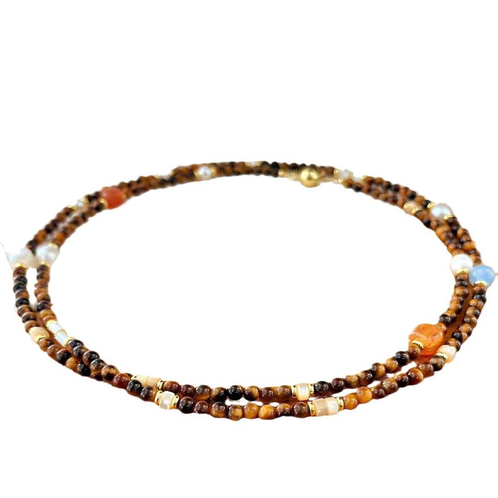 Vintage Maillard Antique Natural Tiger'S Eye Shell White Crystal Chalcedony Sweater Chain Long Chain Necklace