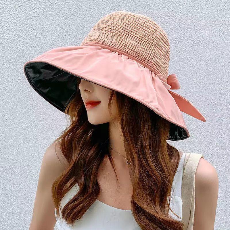Summer sunscreen vinyl bow sun hat women's Japanese and Korean hat UV protection big eaves face covering sun empty top hat