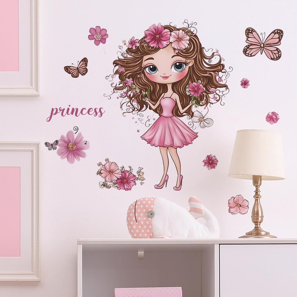 Kreslená Malá Holčička Princezna Motýl Ložnice Obývací Pokoj Domov Pozadí na Zeď Zkrášlení Dekorace Samolepky na Zeď