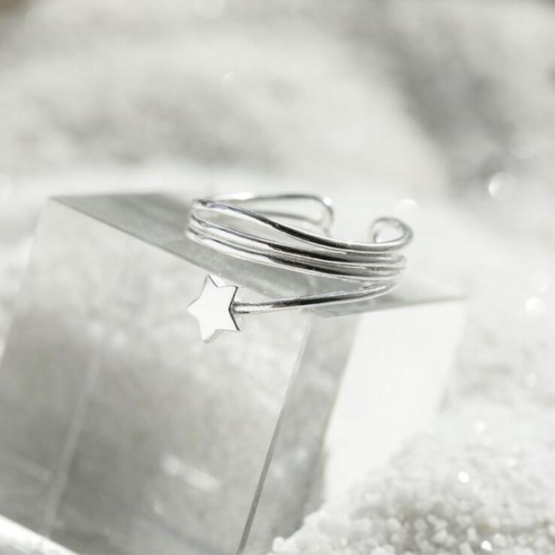 Latest Popular Personality Korean Fashionable Stylish  Sterling Tone Jewelry Sleek Minimalist Five Pointed Star Wild Opening Female Rings