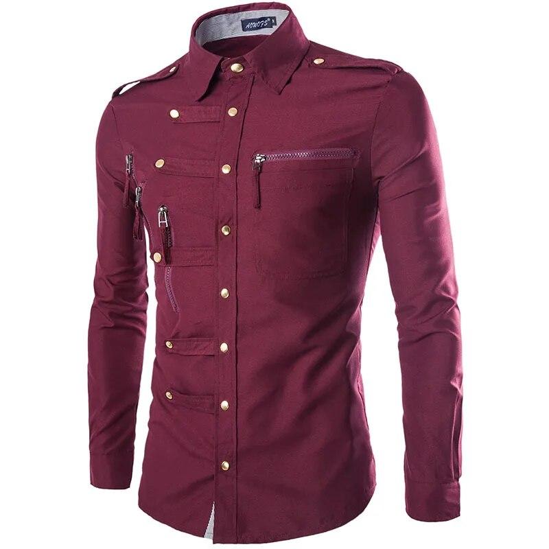 Frühling/Herbst Herren Langarm Cargo Shirt Casual Slim Fit Fashion Epaulet Doppeltasche Herren Hemd