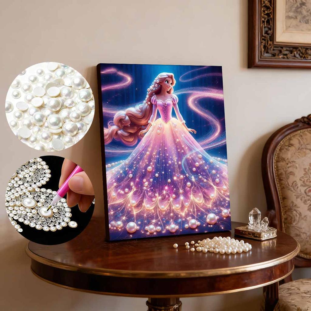 Rapunzel Series Pearl Effect Frameless Art | Long Hair & Flowing Gradient Gown Accents | Dreamy Art Decor for Modern Home & Gallery