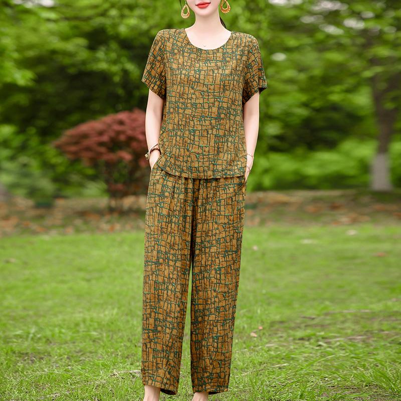 Women's Summer Printed 2-Piece Outfit, Plus Size Casual Short Sleeve Top & Pants Set (XL-5XL)