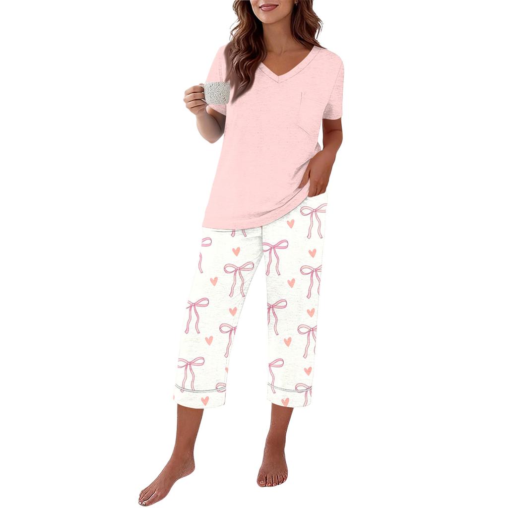 Women's Casual Loungewear Set with Printed Short Sleeve Round Neck T-Shirt and Loose Fit Pants