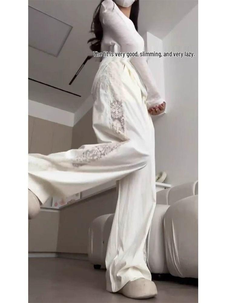 Korean Textured Cream Lace Openwork Pants - Women's Spring/Summer 2025 Petite Patchwork Casuals