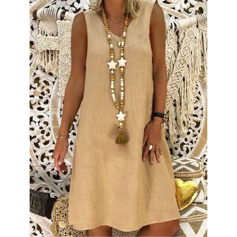 IHUASU Women s Fashion Summer Spring Solid Color Print Sleeveless V-Neck Casual Dresses S