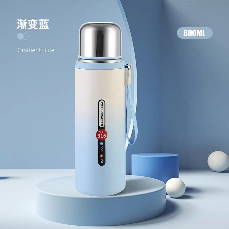 600/800ml 316 Stainless Steel Insulated Water Bottle, Leakproof Outdoor Flask with Carry Strap for Hiking