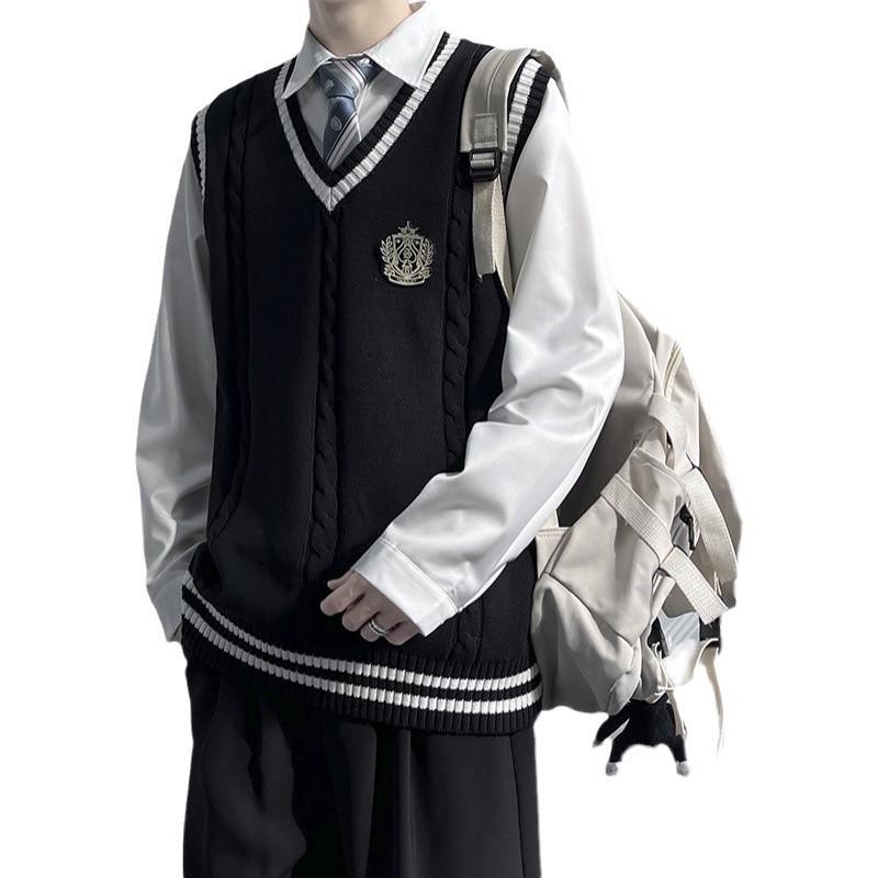Gilet Maglione Originale Academy da Uomo con Scollo a V - Maglieria Autunno/Inverno in Caldo Stile Uniforme Scuro