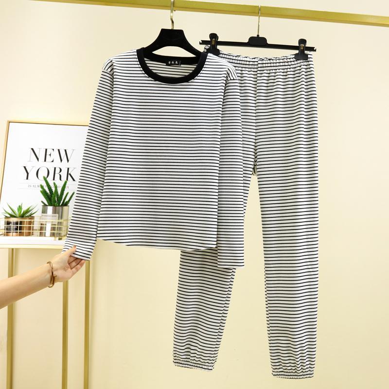 Casual Loose Two-piece Black and White Striped Home Clothes Plus Velvet and Thickened Women's Suit That Can Be Worn Outside